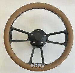 14 BILLET BLACK Steering wheel with DARK TAN Half Wrap + adaptor + Horn Button