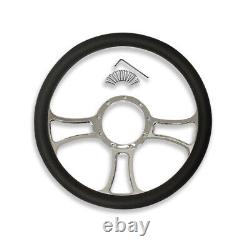 14 Billet Chrome Trinity Steering Wheel Black Half Wrap with Flamed Horn Button