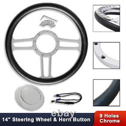 14 Chrome Billet Aluminum Tri Spoke Steering Wheel 9 Holes & Smooth Horn Button