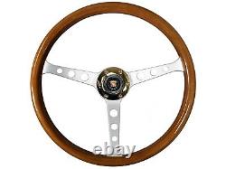 1969-89 Cadillac 6 Bolt Deluxe Wood Gold Chrome 15 Steering Wheel Kit, Tele