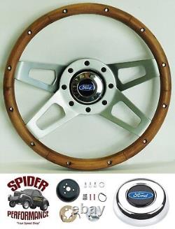 1978-1991 Ford pickup steering wheel BLUE OVAL 13 1/2 WALNUT 4 SPOKE