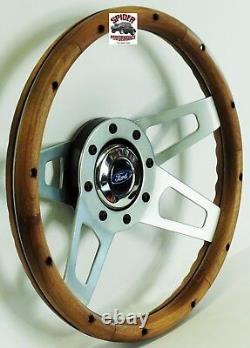 1978-1991 Ford pickup steering wheel BLUE OVAL 13 1/2 WALNUT 4 SPOKE