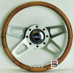 1978-1991 Ford pickup steering wheel BLUE OVAL 13 1/2 WALNUT 4 SPOKE