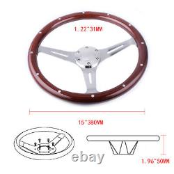 380mm 15 Inch 6 Hole Chrome Dark Steering Wheel Real Wood Riveted Grip with Horn