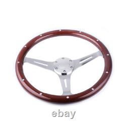 380mm 15 Inch 6 Hole Chrome Dark Steering Wheel Real Wood Riveted Grip with Horn