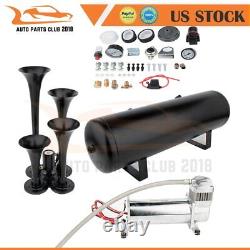 4 Trumpet Train Horn Air Compressor Tank Kit For Car Truck Boat Loud System