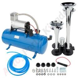 4 Trumpets 135DB 12V Air Horn Compressor Kit Blue Tank Gauge For Truck Car Train