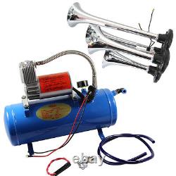 Air Horn 4 Trumpet 12 Volt Compressor 3ft Hose 150 dB Train 125 PSI Kit Truck