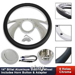 Chrome 14 Wings Steering Wheel Aluminum with Smooth Horn Button & 9 Holes Adapter