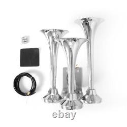 Chrome 3 Trumpet Horns Kit Train Air Horn for Truck Car SUV Boat 150dB 12V/24V