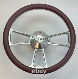 DARK BURGUNDY Half Wrap 14 BILLET Steering wheel + adaptor + CHEVY Horn Button