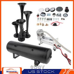 For Truck Car Semi System 3 GAL 4 Loud Trumpets Air Tank 200psi Train Horn Kit