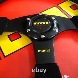 Momo Suede Racing Steering Wheel 14in Drift Rally Black Horn Full Kit Red Stitch