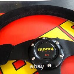 Momo Suede Racing Steering Wheel 14in Drift Rally Black Horn Full Kit Red Stitch